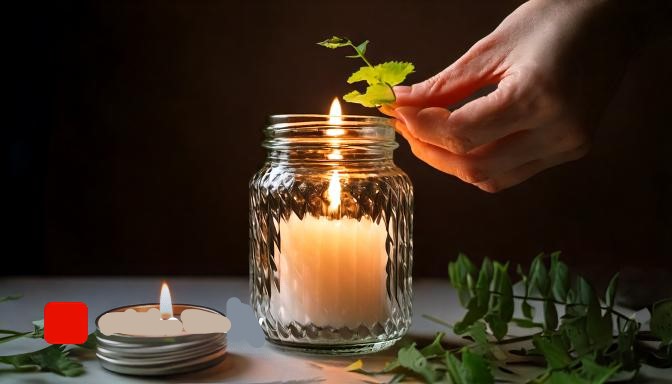 left candle burning in glass jar 3